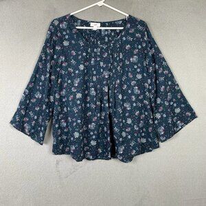 J. Jill Top Women Size M Green Floral Round Neck 3/4 Sleeve Cotton Boho Peasant
